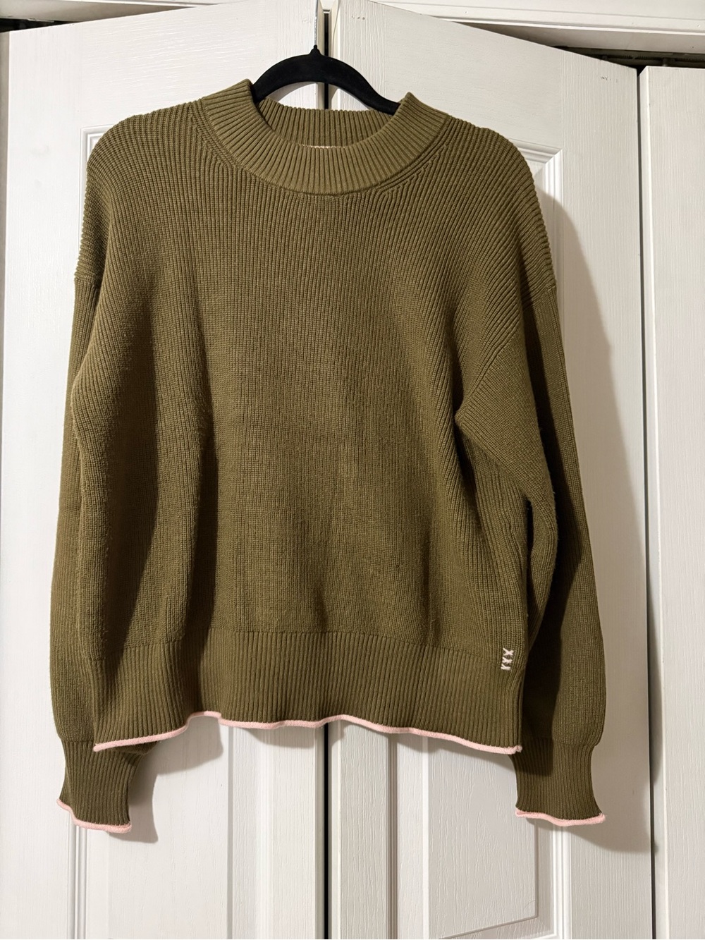 Scotch & Soda Olive Green Women's Crewneck Sweater with Pink Trim - M